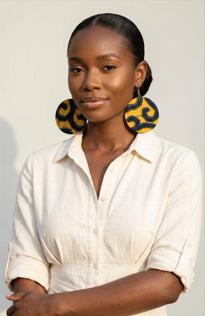 Yellow & Navy Ankara Fabric Statement Earrings – Handmade African Print Round Dangle JewelleryYellow & Blue Spiral Ankara Earrings | Handmade African Round Statement Jewellery | Lightweight - Fatisha Boutique #