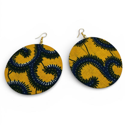 Yellow & Navy Ankara Fabric Statement Earrings – Handmade African Print Round Dangle JewelleryYellow & Blue Spiral Ankara Earrings | Handmade African Round Statement Jewellery | Lightweight - Fatisha Boutique #