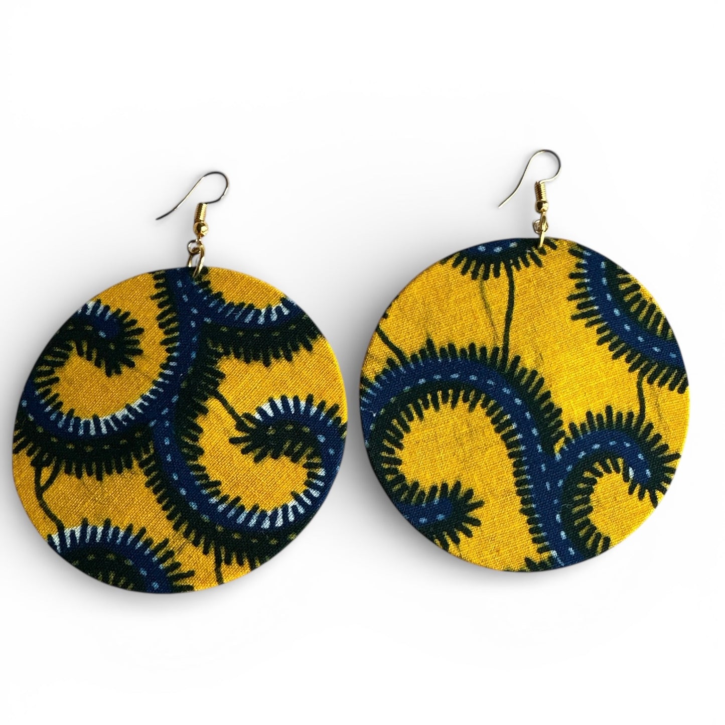 Yellow & Navy Ankara Fabric Statement Earrings – Handmade African Print Round Dangle JewelleryYellow & Blue Spiral Ankara Earrings | Handmade African Round Statement Jewellery | Lightweight - Fatisha Boutique #