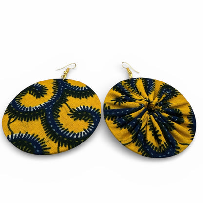 Yellow & Navy Ankara Fabric Statement Earrings – Handmade African Print Round Dangle JewelleryYellow & Blue Spiral Ankara Earrings | Handmade African Round Statement Jewellery | Lightweight - Fatisha Boutique #