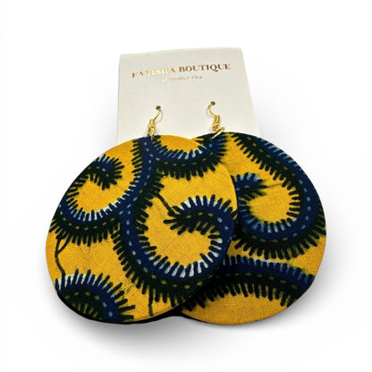 Yellow & Navy Ankara Fabric Statement Earrings – Handmade African Print Round Dangle JewelleryYellow & Blue Spiral Ankara Earrings | Handmade African Round Statement Jewellery | Lightweight - Fatisha Boutique #