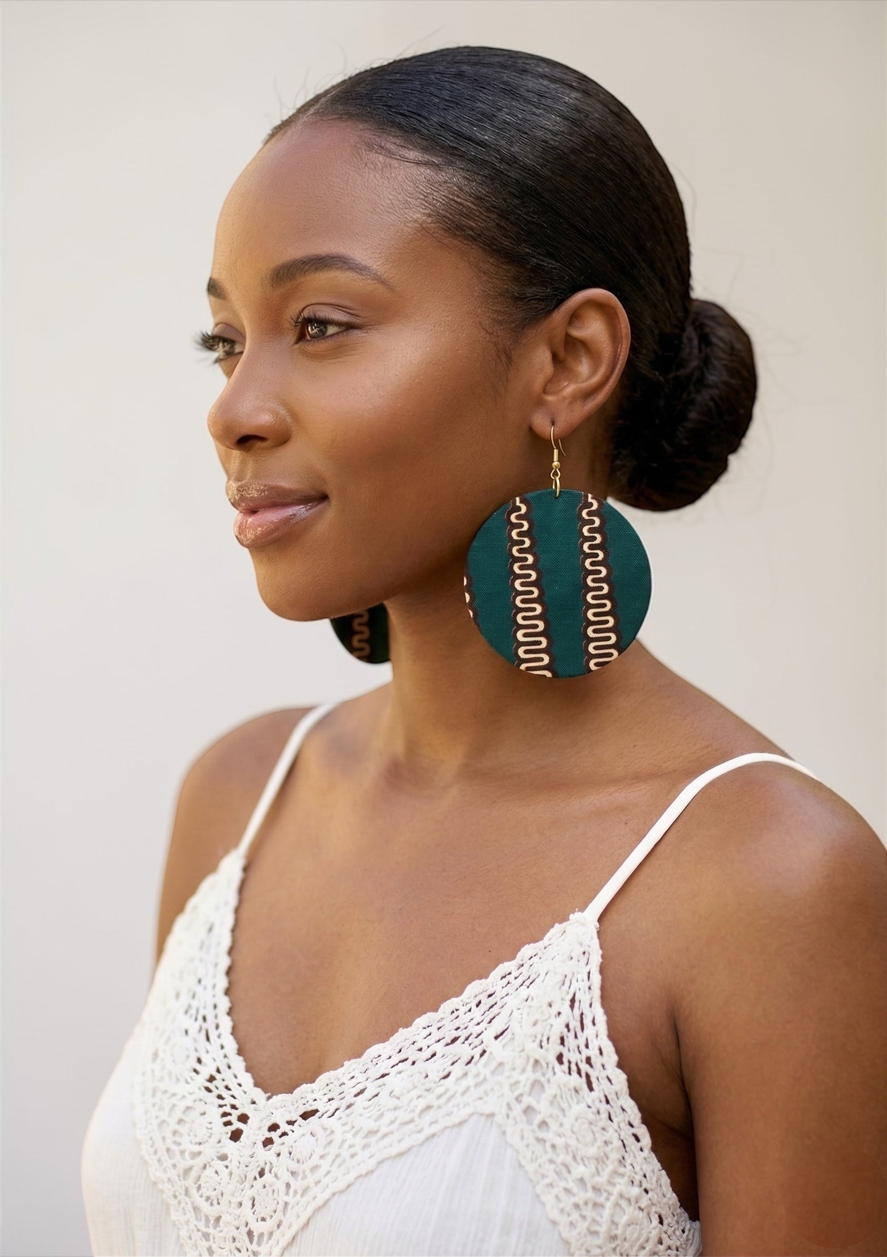 Green & Cream Ankara Statement Earrings – Handmade African Print Round Dangle Jewellery - Fatisha Boutique #