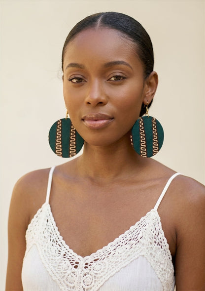 Green & Cream Ankara Statement Earrings – Handmade African Print Round Dangle Jewellery - Fatisha Boutique #