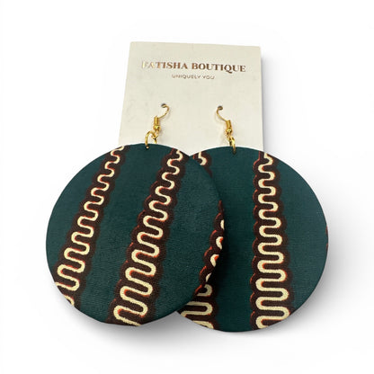 Green & Cream Ankara Statement Earrings – Handmade African Print Round Dangle Jewellery - Fatisha Boutique #