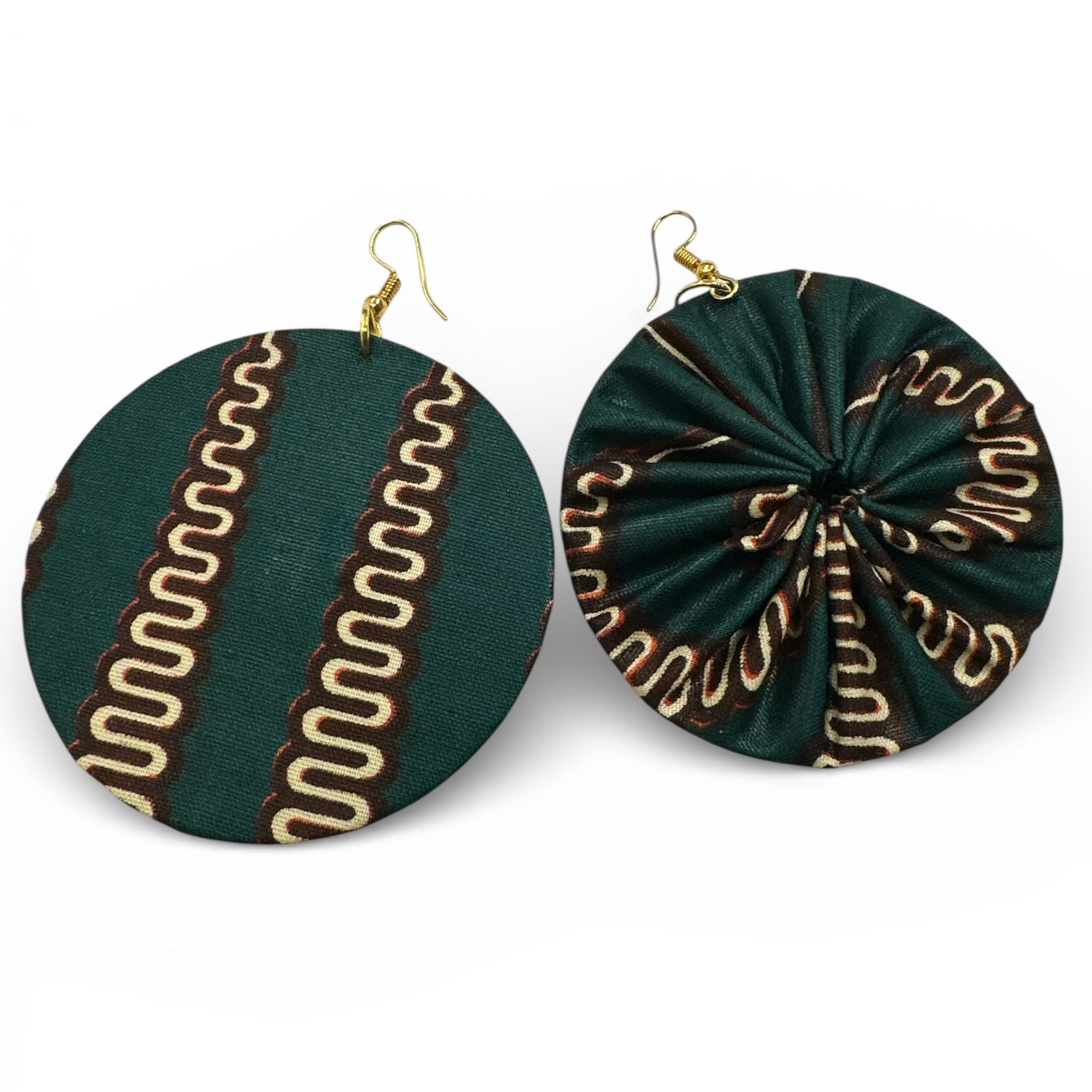 Green & Cream Ankara Statement Earrings – Handmade African Print Round Dangle Jewellery - Fatisha Boutique #