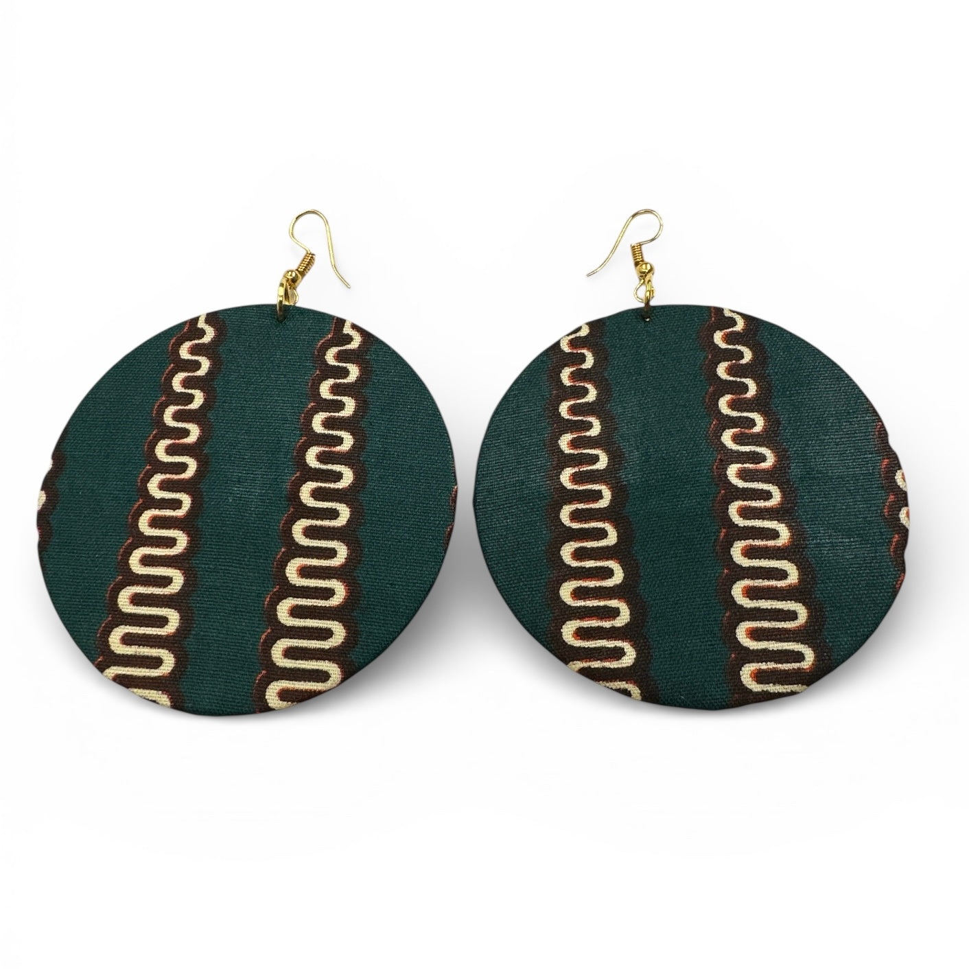 Green & Cream Ankara Statement Earrings – Handmade African Print Round Dangle Jewellery - Fatisha Boutique #