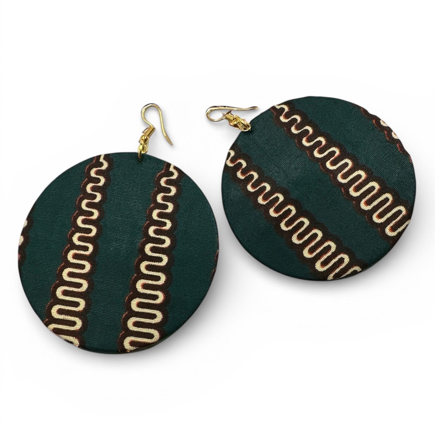 Green & Cream Ankara Statement Earrings – Handmade African Print Round Dangle Jewellery - Fatisha Boutique #