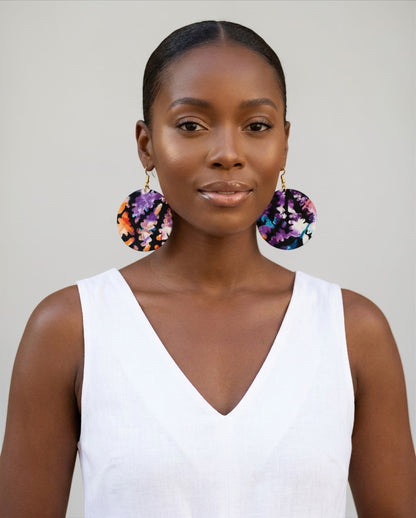 Purple & Orange Ankara Fabric Statement Earrings – Handmade African Print Round Dangle Jewellery - Fatisha Boutique #
