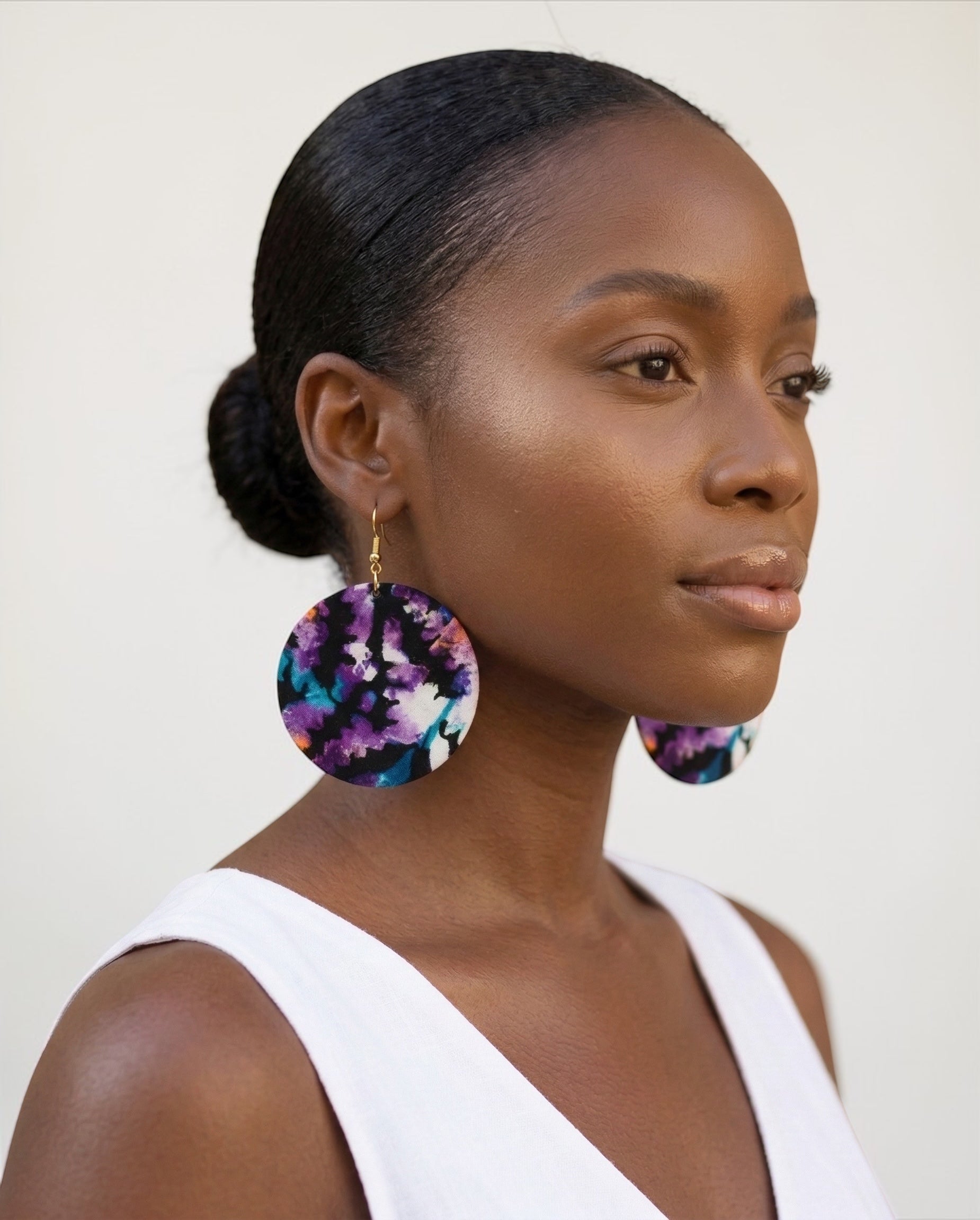 Purple & Orange Ankara Fabric Statement Earrings – Handmade African Print Round Dangle Jewellery - Fatisha Boutique #