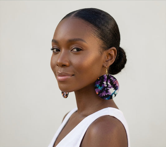 Purple & Orange Ankara Fabric Statement Earrings – Handmade African Print Round Dangle Jewellery