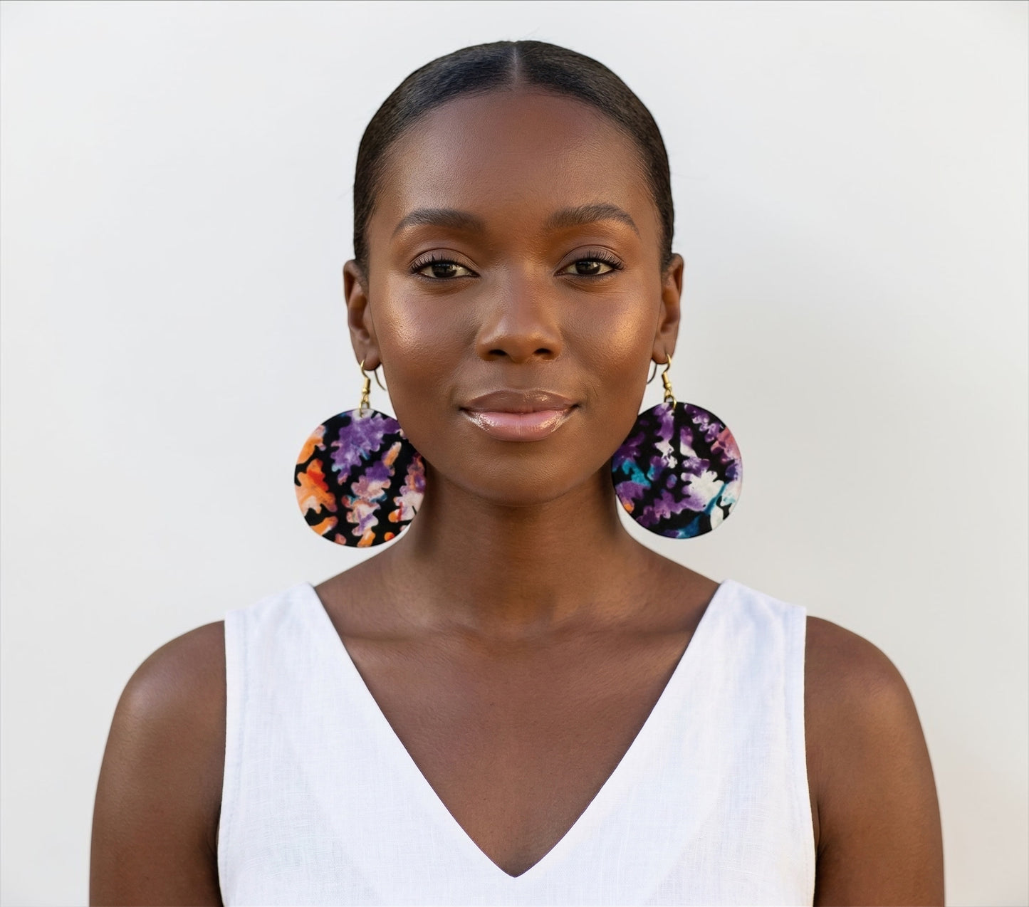Purple & Orange Ankara Fabric Statement Earrings – Handmade African Print Round Dangle Jewellery - Fatisha Boutique #