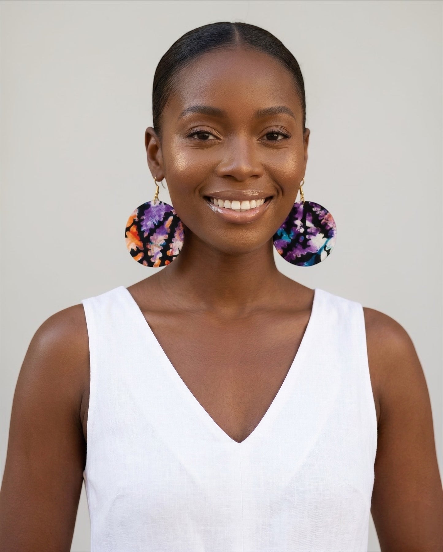 Purple & Orange Ankara Fabric Statement Earrings – Handmade African Print Round Dangle Jewellery - Fatisha Boutique #