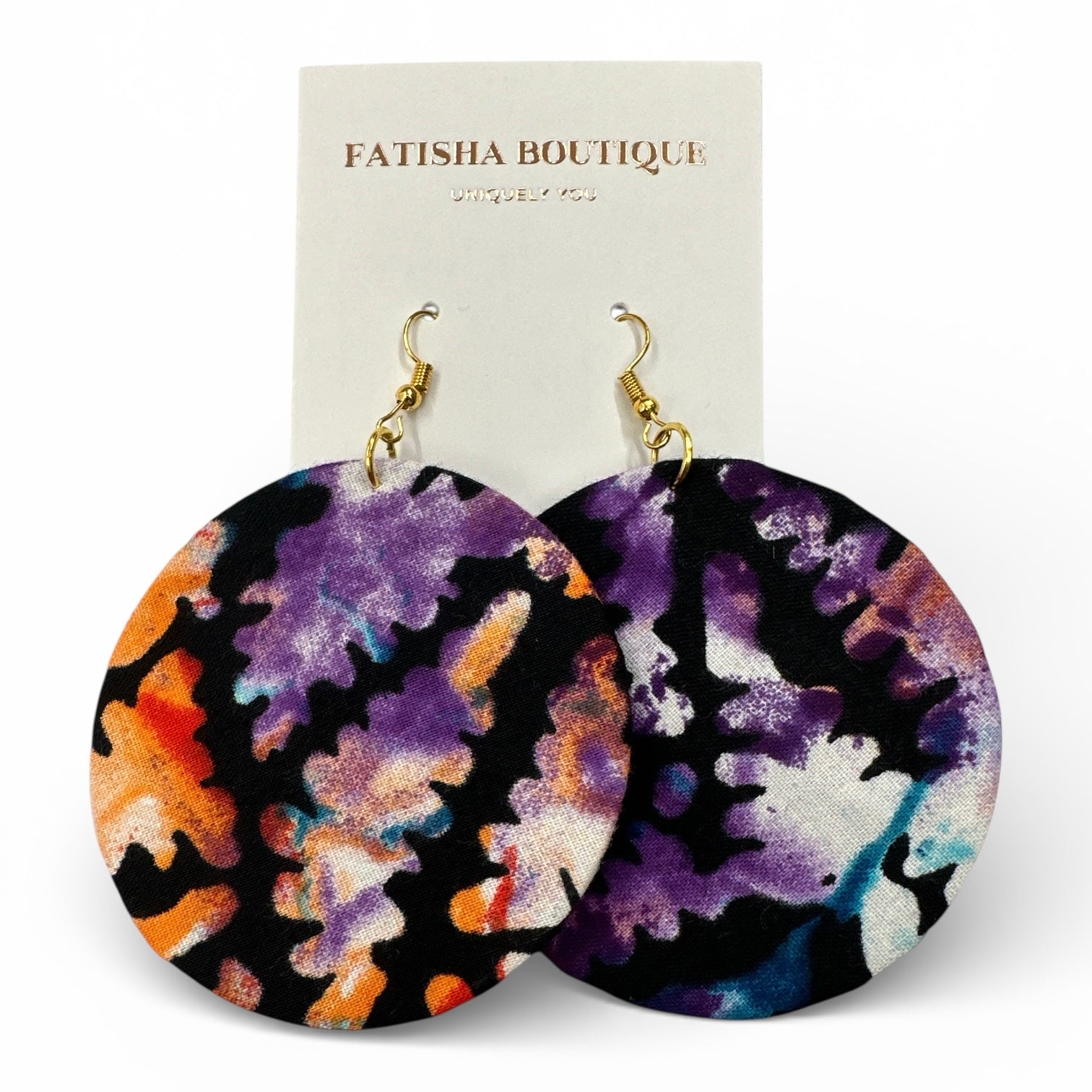 Purple & Orange Ankara Fabric Statement Earrings – Handmade African Print Round Dangle Jewellery - Fatisha Boutique #