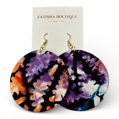 Purple & Orange Ankara Fabric Statement Earrings – Handmade African Print Round Dangle Jewellery - Fatisha Boutique #