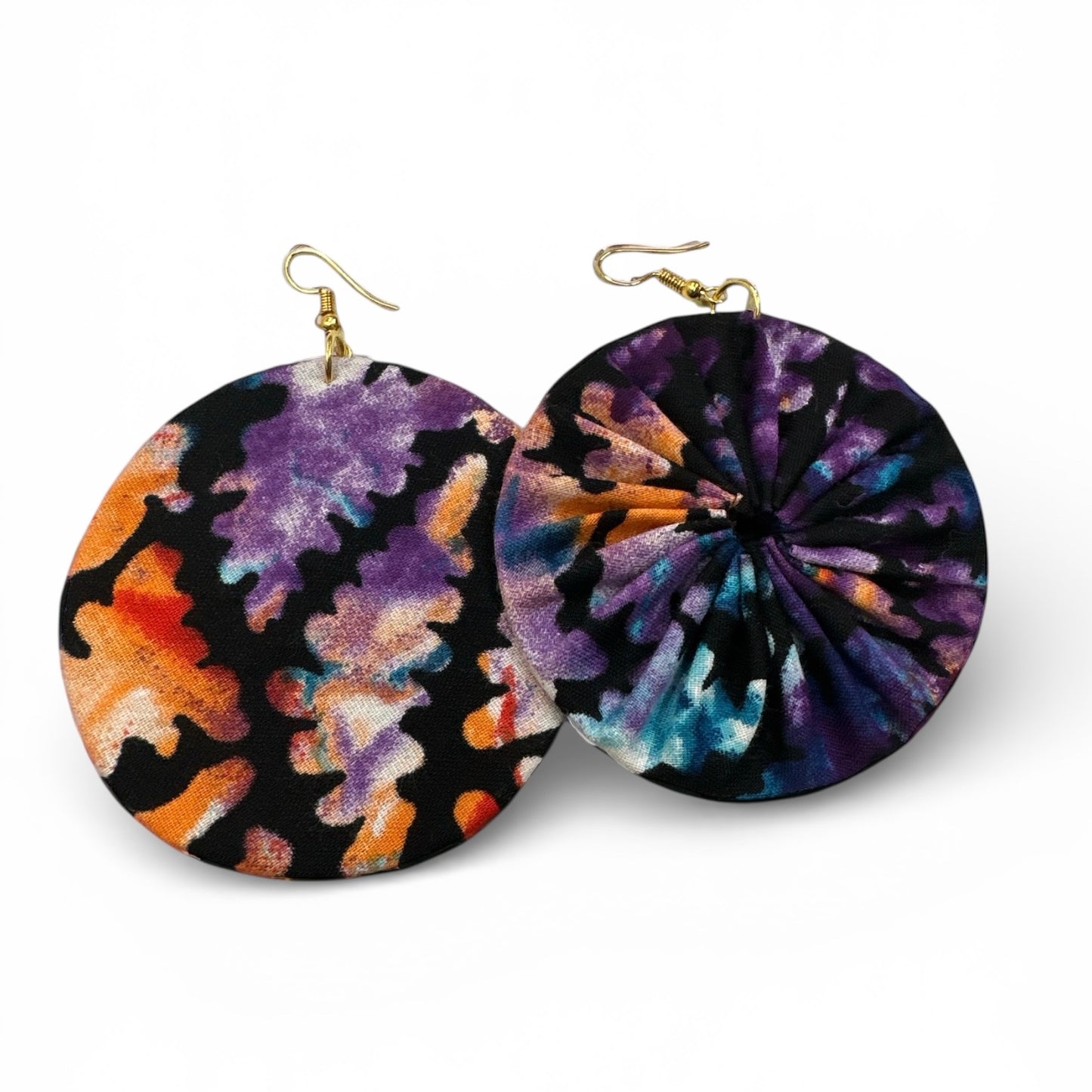 Purple & Orange Ankara Fabric Statement Earrings – Handmade African Print Round Dangle Jewellery - Fatisha Boutique #