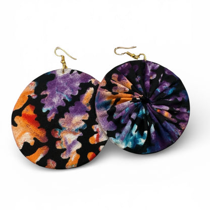 Purple & Orange Ankara Fabric Statement Earrings – Handmade African Print Round Dangle Jewellery - Fatisha Boutique #