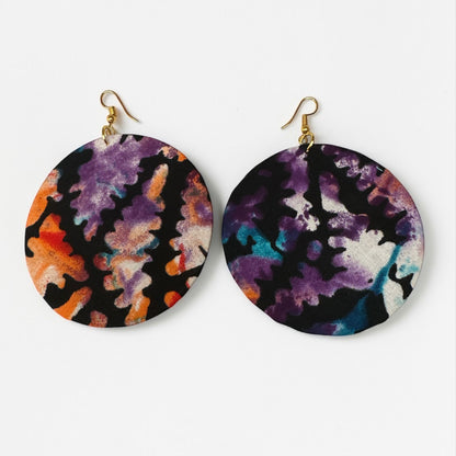 Purple & Orange Ankara Fabric Statement Earrings – Handmade African Print Round Dangle Jewellery - Fatisha Boutique #