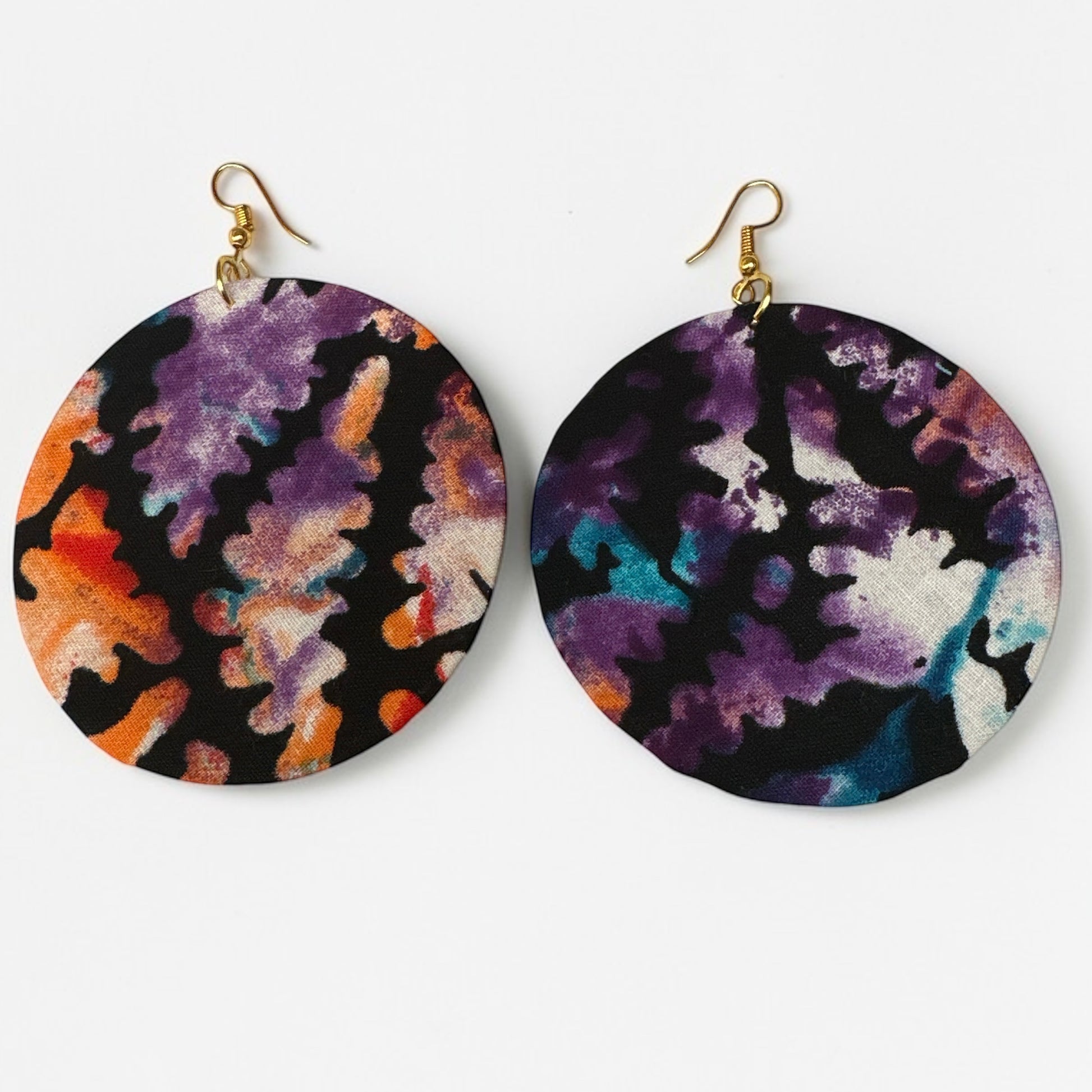 Purple & Orange Ankara Fabric Statement Earrings – Handmade African Print Round Dangle Jewellery - Fatisha Boutique #