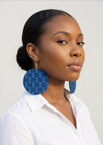 Blue Ankara Fabric Statement Earrings – Handmade African Print Round Dangle Jewellery - Fatisha Boutique #