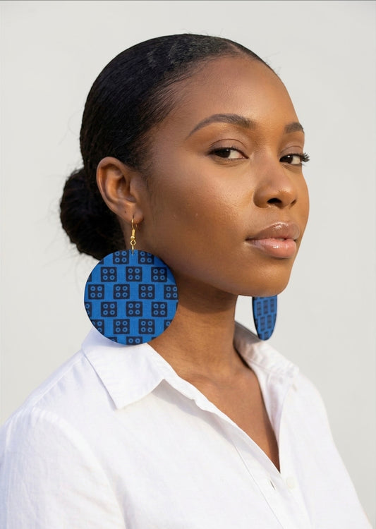 Blue Ankara Fabric Statement Earrings – Handmade African Print Round Dangle Jewellery