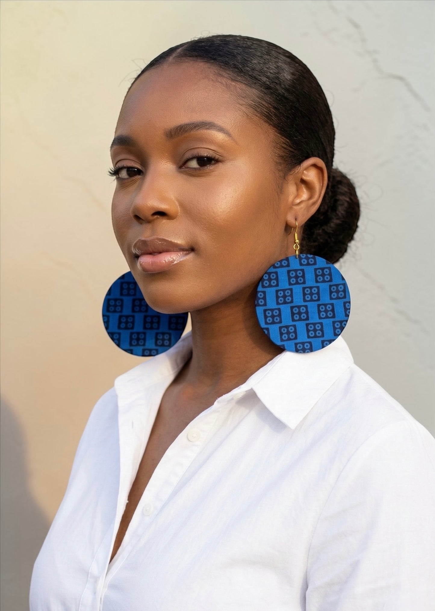 Blue Ankara Fabric Statement Earrings – Handmade African Print Round Dangle Jewellery - Fatisha Boutique #