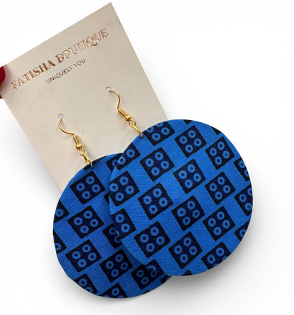 Blue Ankara Fabric Statement Earrings – Handmade African Print Round Dangle Jewellery - Fatisha Boutique #