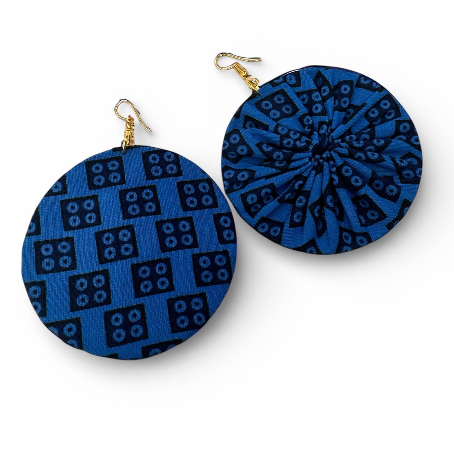 Blue Ankara Fabric Statement Earrings – Handmade African Print Round Dangle Jewellery - Fatisha Boutique #