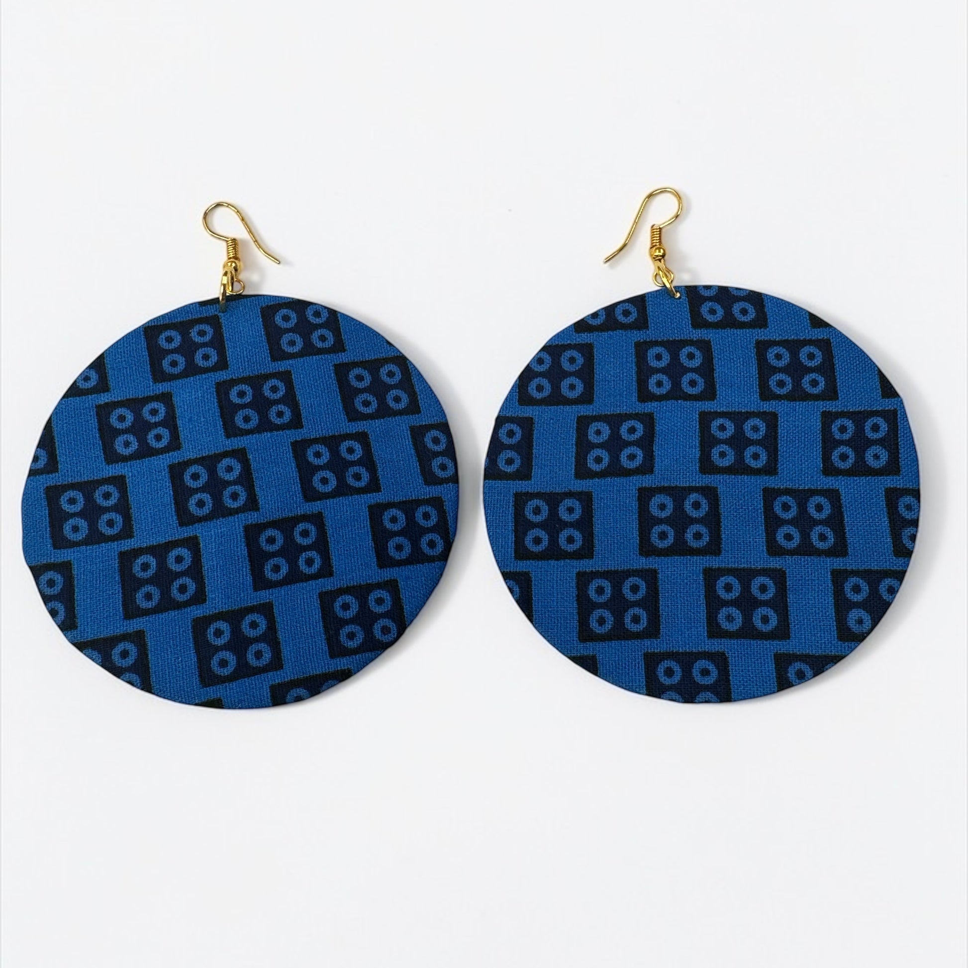 Blue Ankara Fabric Statement Earrings – Handmade African Print Round Dangle Jewellery - Fatisha Boutique #