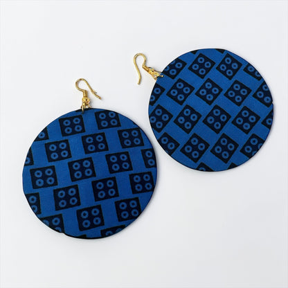 Blue Ankara Fabric Statement Earrings – Handmade African Print Round Dangle Jewellery - Fatisha Boutique #