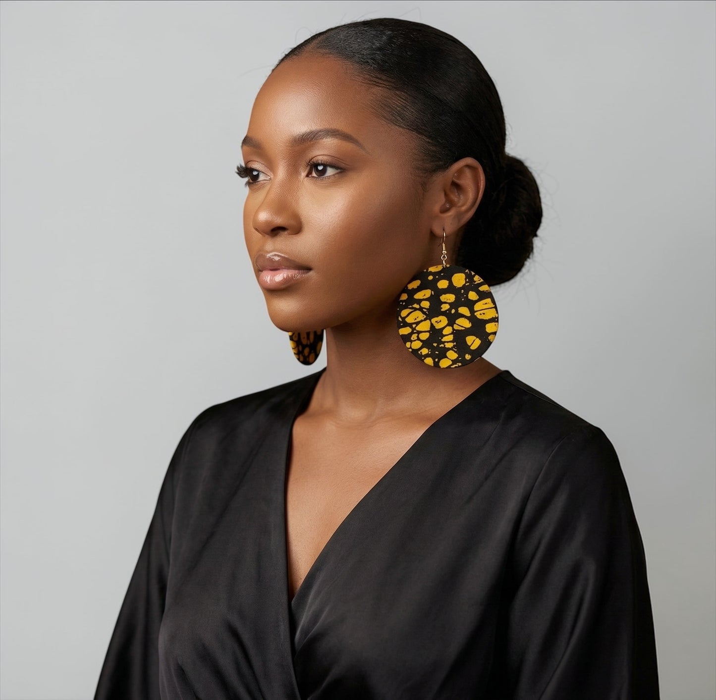Black & Yellow Ankara Statement Earrings – Handmade African Print Round Dangle Jewellery - Fatisha Boutique #