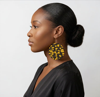 Black & Yellow Ankara Statement Earrings – Handmade African Print Round Dangle Jewellery - Fatisha Boutique #