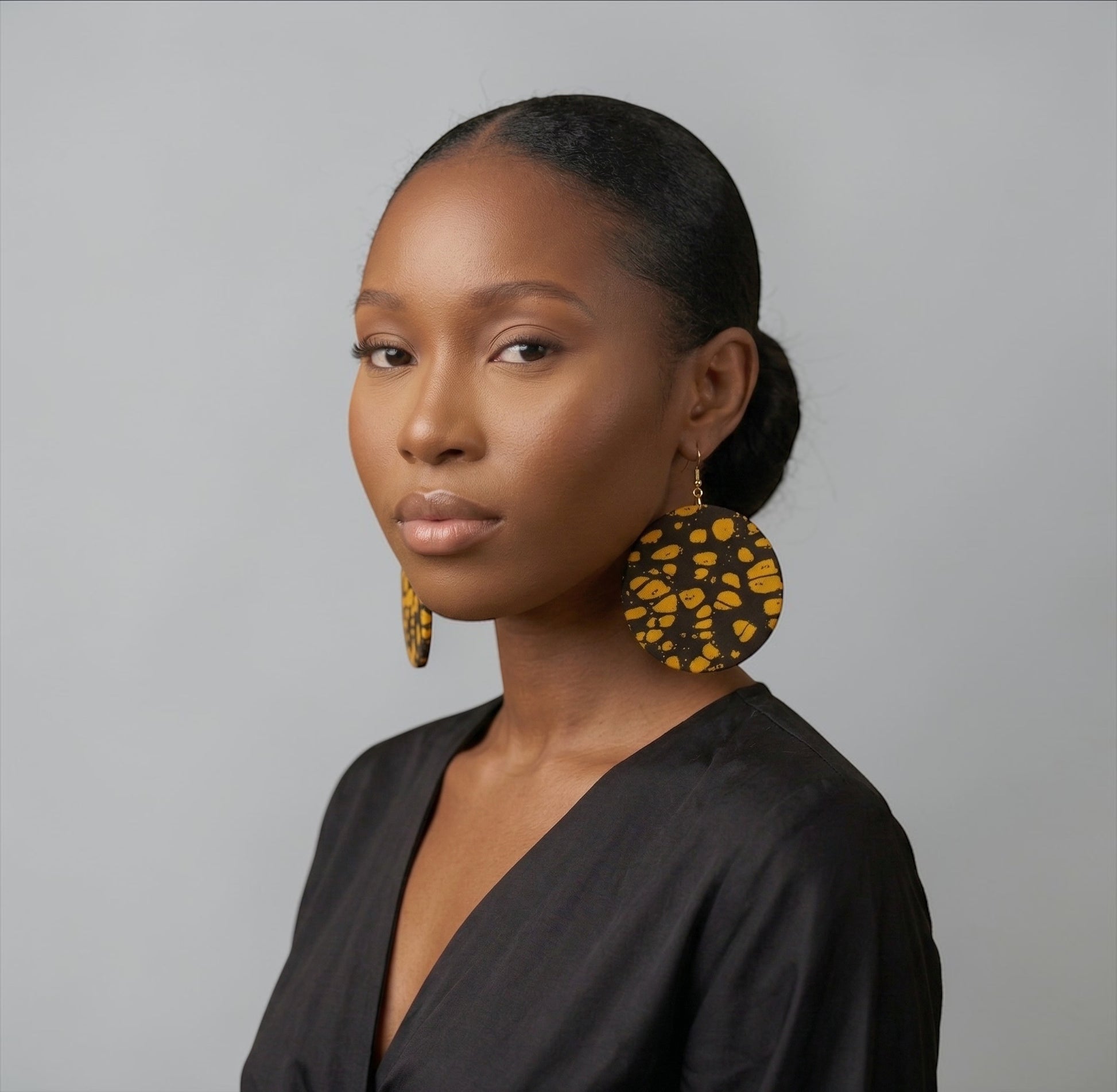 Black & Yellow Ankara Statement Earrings – Handmade African Print Round Dangle Jewellery - Fatisha Boutique #