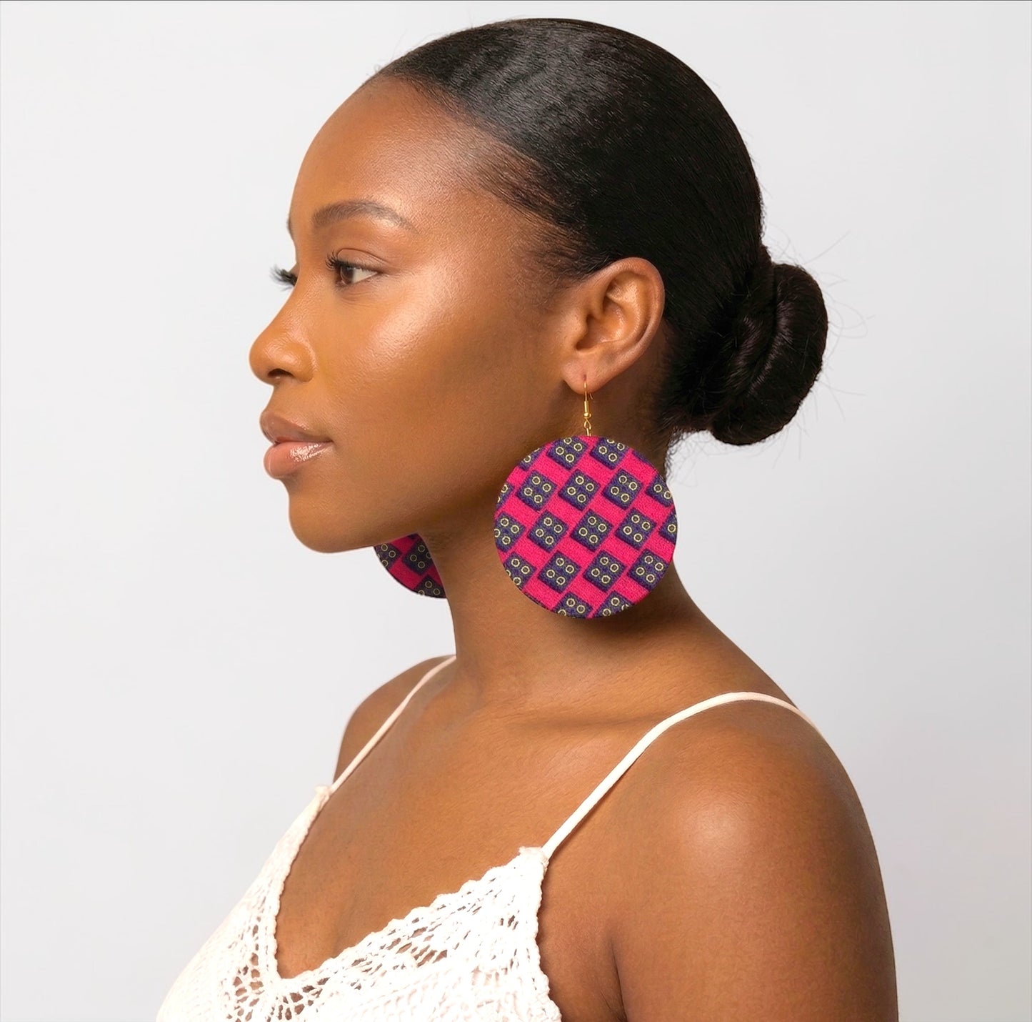 Pink & Navy Ankara Statement Earrings – Handmade African Print Round Dangle Jewellery - Fatisha Boutique #