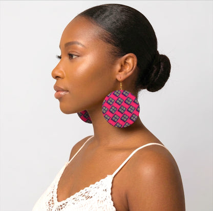 Pink & Navy Ankara Statement Earrings – Handmade African Print Round Dangle Jewellery - Fatisha Boutique #