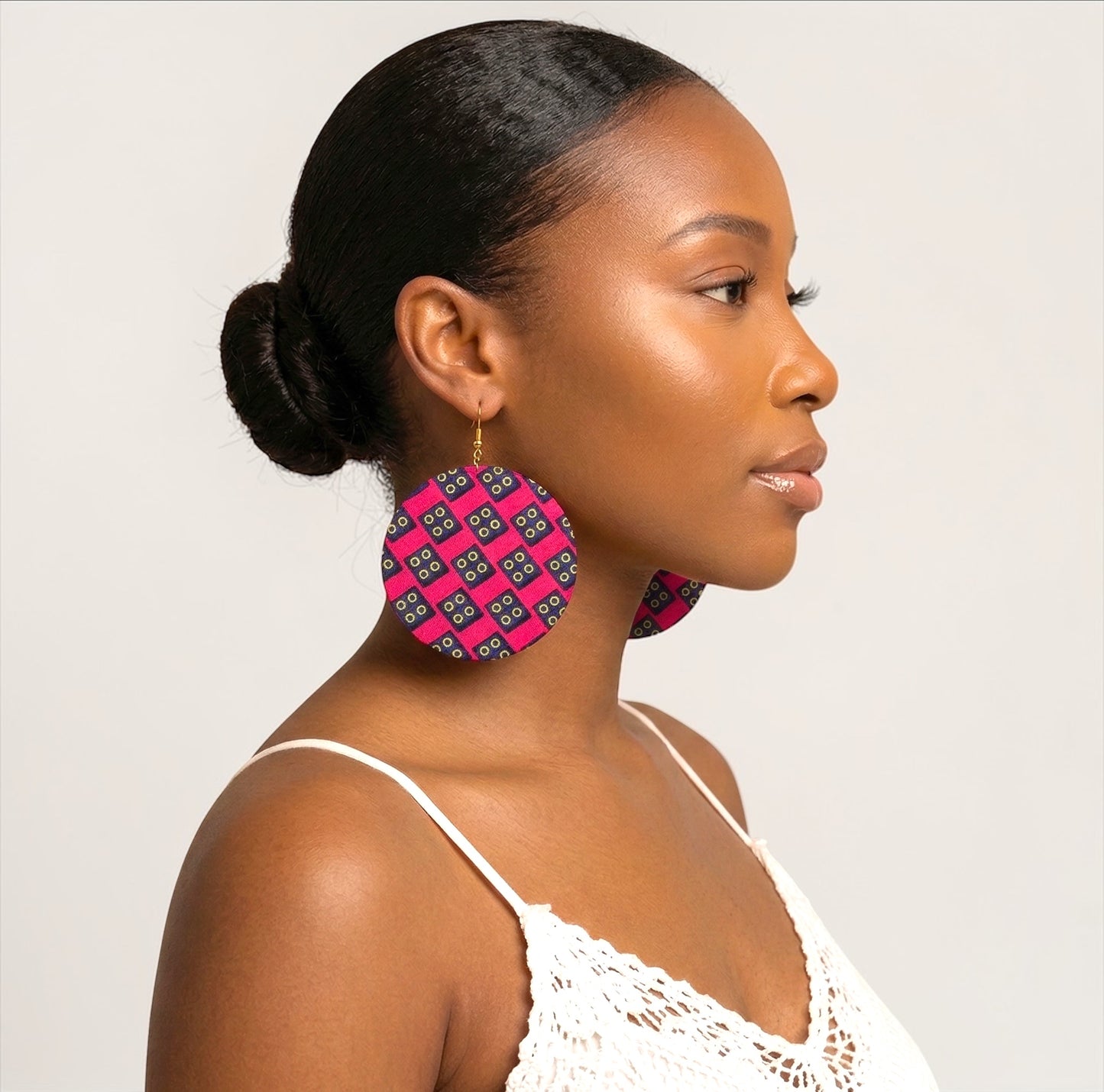 Pink & Navy Ankara Statement Earrings – Handmade African Print Round Dangle Jewellery - Fatisha Boutique #