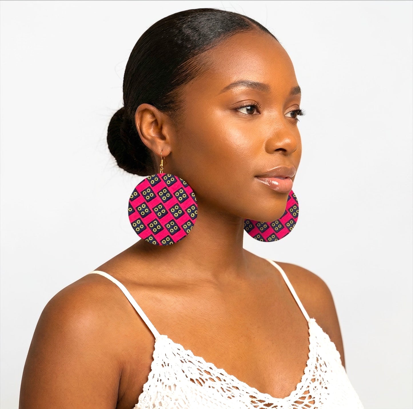 Pink & Navy Ankara Statement Earrings – Handmade African Print Round Dangle Jewellery - Fatisha Boutique #