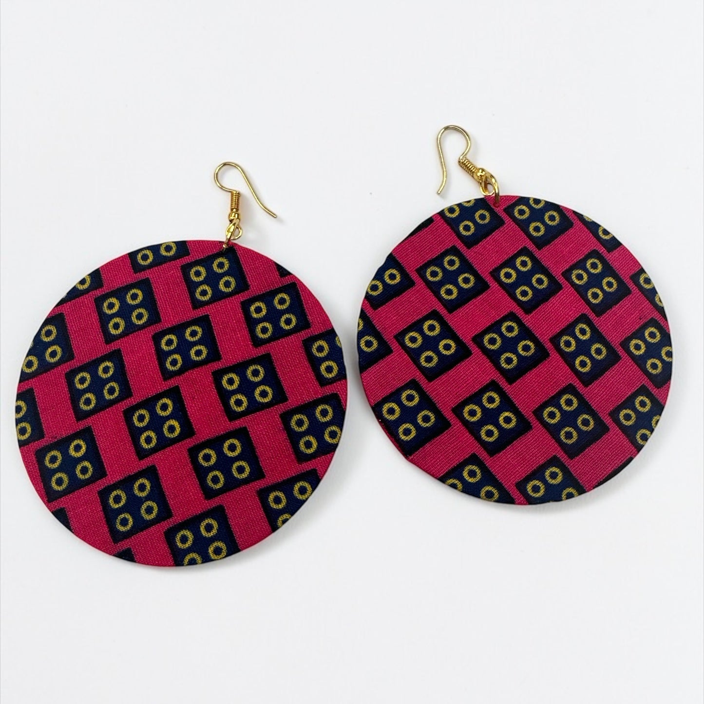 Pink & Navy Ankara Statement Earrings – Handmade African Print Round Dangle Jewellery - Fatisha Boutique #