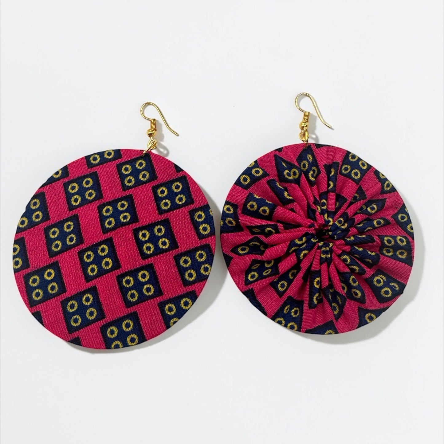 Pink & Navy Ankara Statement Earrings – Handmade African Print Round Dangle Jewellery - Fatisha Boutique #