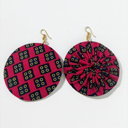 Pink & Navy Ankara Statement Earrings – Handmade African Print Round Dangle Jewellery - Fatisha Boutique #