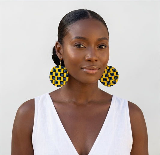 Yellow & Blue Ankara Fabric Statement Earrings – Handmade African Print Round Dangle Jewellery