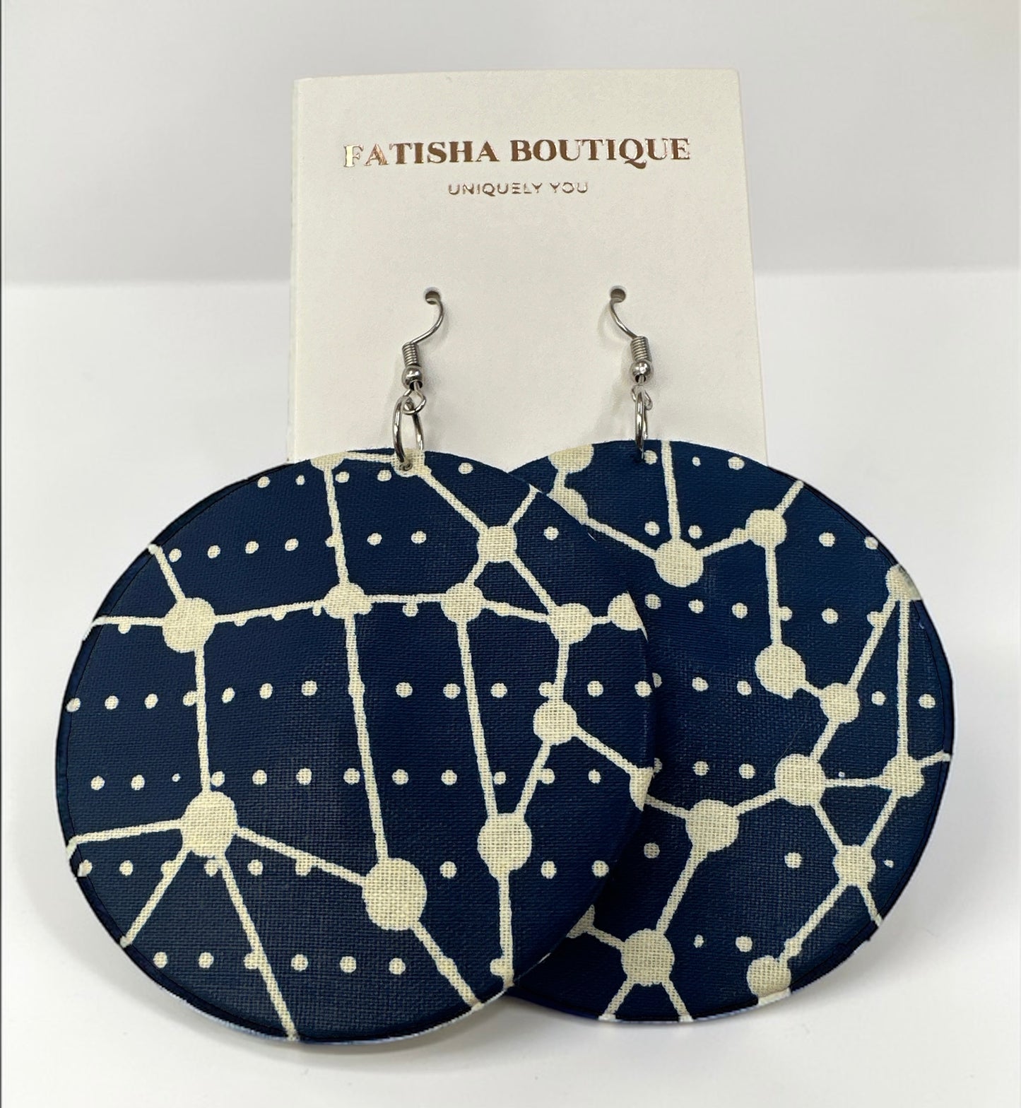 Navy Blue & Cream Ankara Geometric Statement Earrings – Handmade African Print Round Dangle Jewellery - Fatisha Boutique #