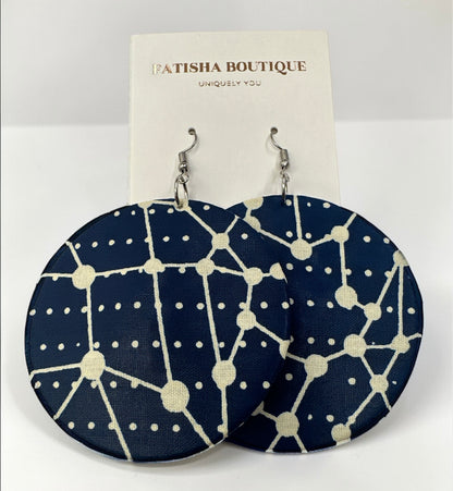 Navy Blue & Cream Ankara Geometric Statement Earrings – Handmade African Print Round Dangle Jewellery - Fatisha Boutique #