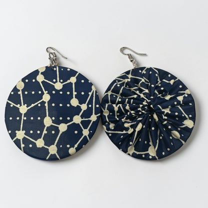 Navy Blue & Cream Ankara Geometric Statement Earrings – Handmade African Print Round Dangle Jewellery - Fatisha Boutique #