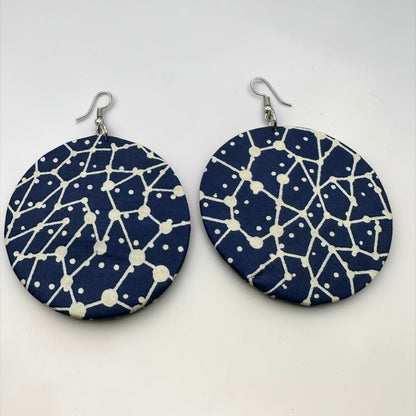 Navy Blue & Cream Ankara Geometric Statement Earrings – Handmade African Print Round Dangle Jewellery - Fatisha Boutique #