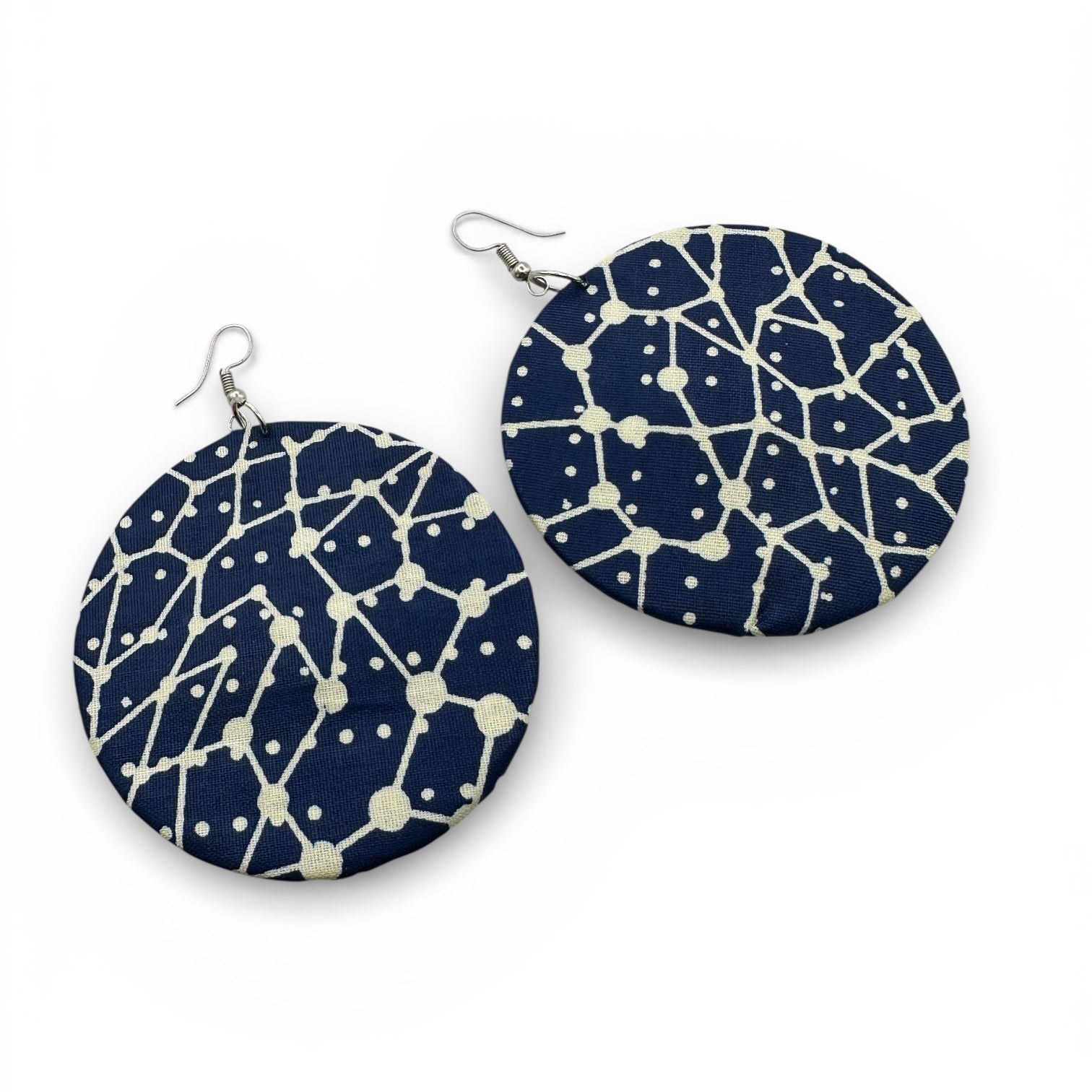 Navy Blue & Cream Ankara Geometric Statement Earrings – Handmade African Print Round Dangle Jewellery - Fatisha Boutique #