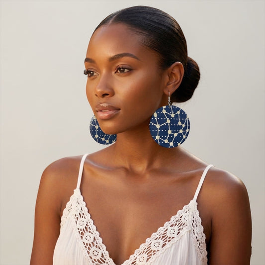Navy Blue & Cream Ankara Geometric Statement Earrings – Handmade African Print Round Dangle Jewellery