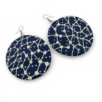 Navy Blue & Cream Ankara Geometric Statement Earrings – Handmade African Print Round Dangle Jewellery - Fatisha Boutique #