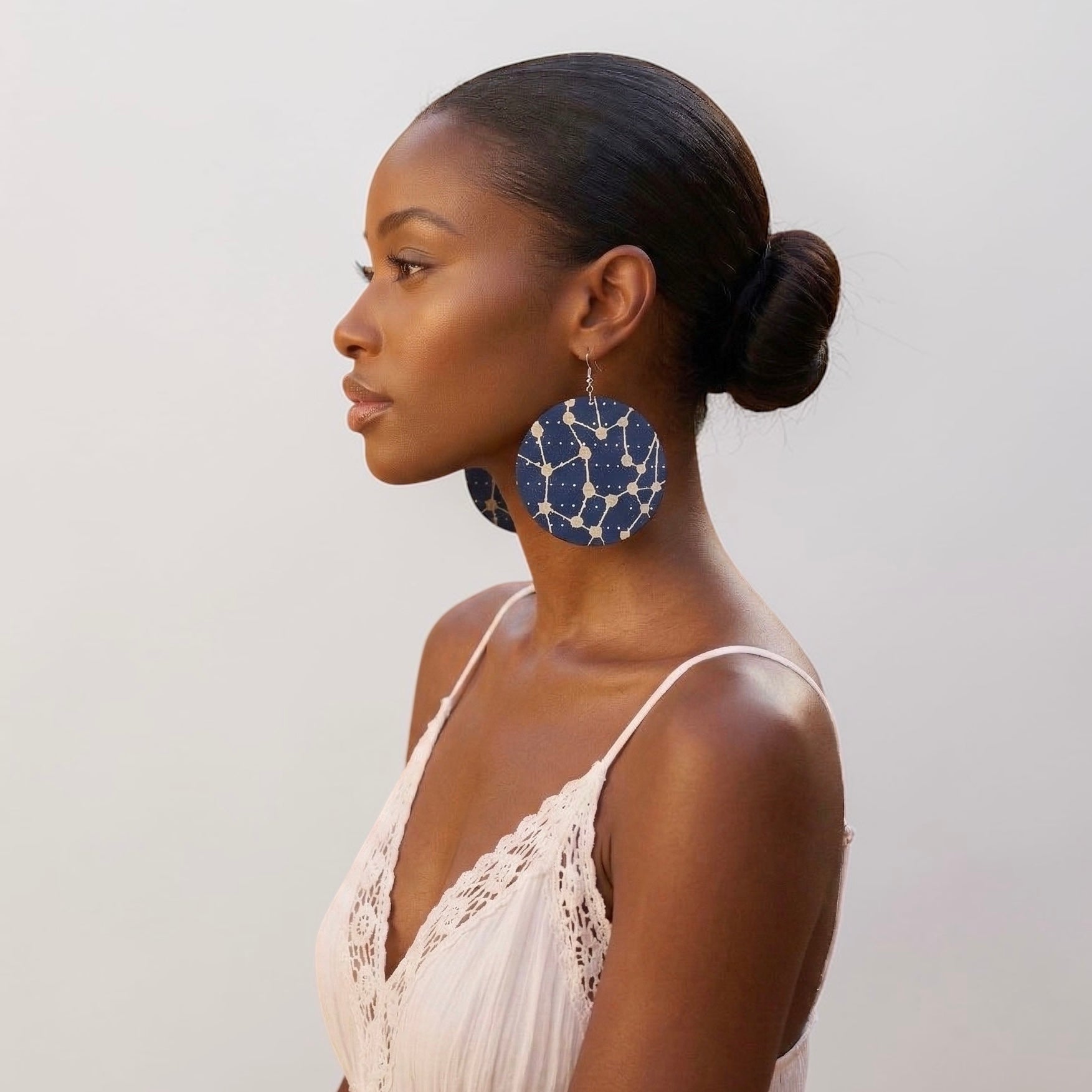 Navy Blue & Cream Ankara Geometric Statement Earrings – Handmade African Print Round Dangle Jewellery - Fatisha Boutique #