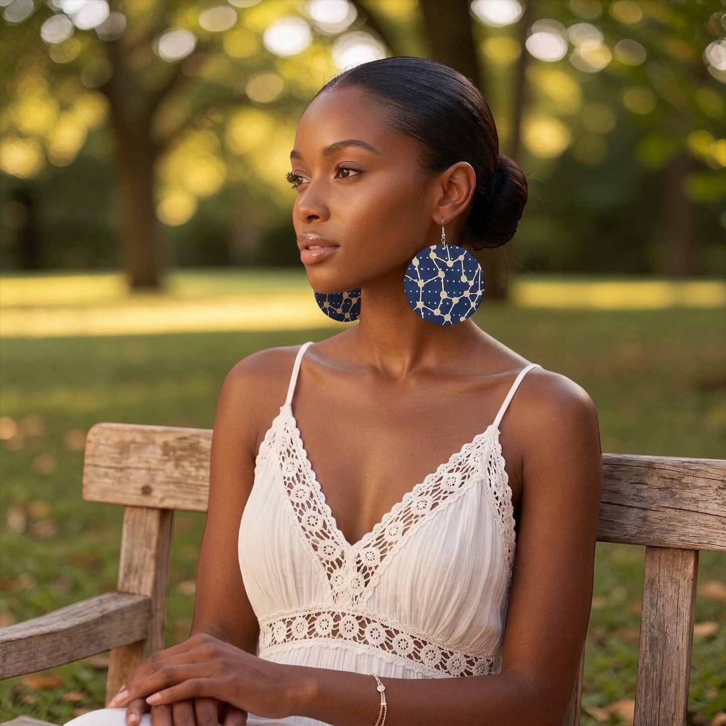 Navy Blue & Cream Ankara Geometric Statement Earrings – Handmade African Print Round Dangle Jewellery - Fatisha Boutique #