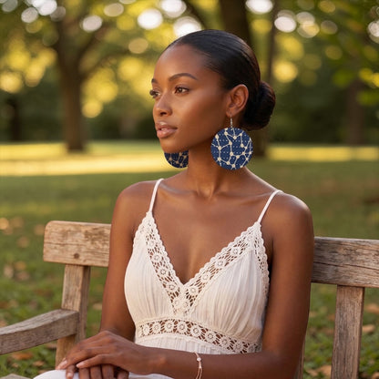 Navy Blue & Cream Ankara Geometric Statement Earrings – Handmade African Print Round Dangle Jewellery - Fatisha Boutique #